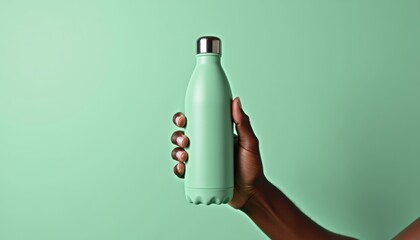 Aufkleber - African-American man holding sleek water bottle mockup on pastel green background