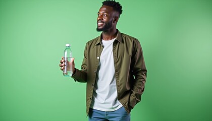 Aufkleber - African-American man in casual clothing holding water bottle mockup