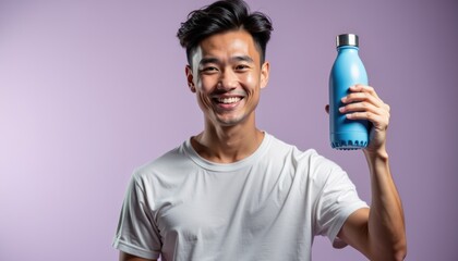 Aufkleber -  Athletic Asian man confidently showcasing water bottle mockup in studio