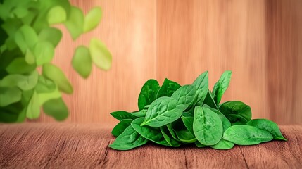 Wall Mural - Fresh Spinach Leaves on Wooden Table - Healthy, vibrant spinach leaves arranged on a rustic wooden surface.  Symbolizing freshness, nutrition, vitality, nature, and well-being.