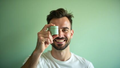 Aufkleber -  European man holding sleek shaving cosmetics mockup on pastel green background
