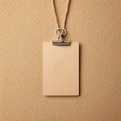 A simple, empty name tag is suspended by a string against a textured beige background, emphasizing minimalism and branding potential.