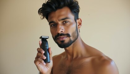 Aufkleber - European man holding sleek shaving cosmetics mockup on beige background