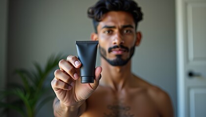 Aufkleber -  Indian man showcasing branded shaving product mockup on neutral background