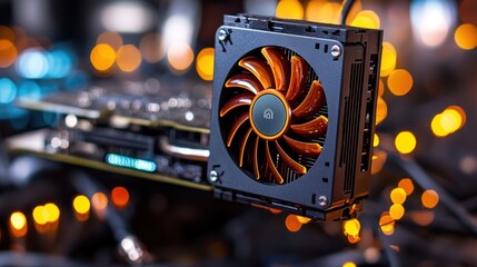 Graphics card cooler, close-up, tech background, mining