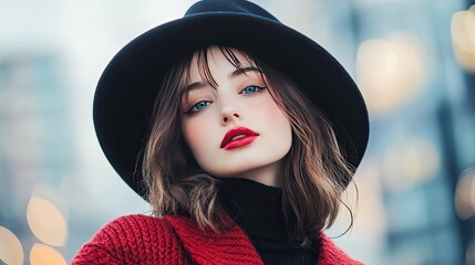 Wall Mural - Portrait of a stylish young woman in a hat with red lipstick outdoor