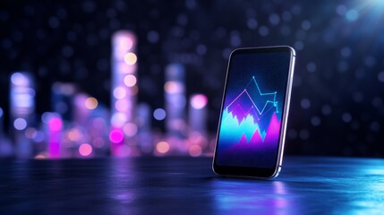 mobile phone showing stock market graph - smartphone displaying vibrant stock market graph against a