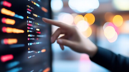 Close-up of hand interacting with computer code on screen.