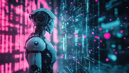 Futuristic AI Robot Analyzing Data