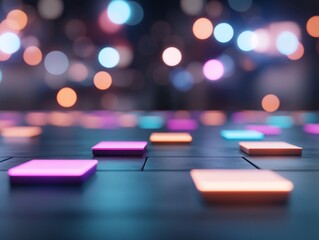 Illuminated squares on dark floor with bokeh lights.