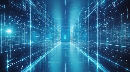 Futuristic data center hallway; glowing network; digital; technology; server room; abstract; background; illustration; security; website