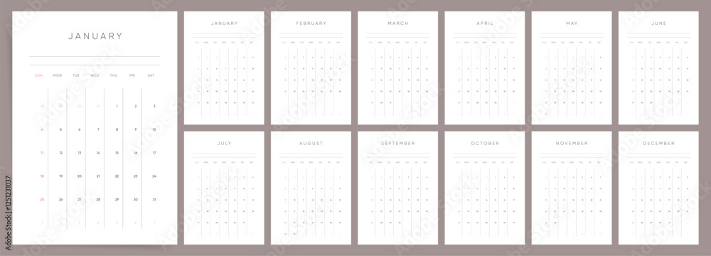 Vector de Stock Minimal 2026 calendar design. Week starts on Sunday ...