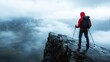 © senadlife - A lone hiker in a vibrant red outfit stands at the cliff edge, surrounded by swirling clouds and icy landscapes, embodying the spirit of adventure and the rawness of nature.
