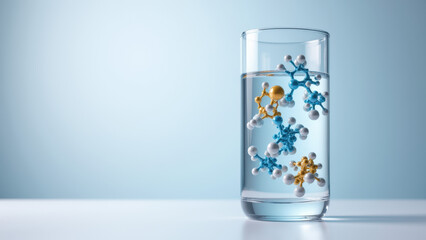 Sticker - A clear glass filled with water containing tiny blue particles that represent semaglutide molecules.