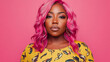 © Екатерина Чумаченко - Confident Black woman with pink hair against a vibrant urban pink backdrop wearing a stylish yellow patterned top