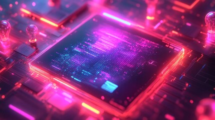 Glowing CPU chip data processing, neon lights background, tech concept