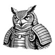 © Reytr - Owl Samurai Warrior with Armor Detailed Black and White Outline Line Art Drawing Portrait