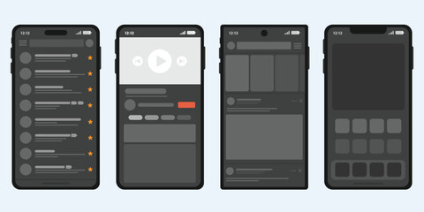 Set of mobile app UI design in dark mode, E-mail App in black color, Social network app UI in dark mode.