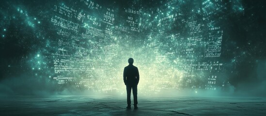 Man facing data storm, futuristic landscape, digital code background, tech concept