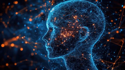 Digital head profile, glowing network, dark background, AI concept