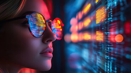 Close up of a woman wearing glasses, analyzing data on a futuristic screen with vibrant neon lights, depicting a high-tech work environment.