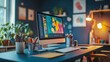 © VICHIZH - Bright and colorful home office workspace with a modern computer setup, vibrant decor, and inspiring artwork, ideal for creative professionals seeking motivation