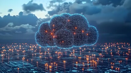 Glowing Futuristic Neural Network with Digital Clouds Concept   Intelligence Machine Learning Data Processing and Computational Analytics