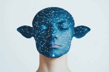 Wall Mural - Abstract portrait of a woman with a cosmic pattern on her face, symbolizing innovation, empowerment, and creativity against a minimalist white background