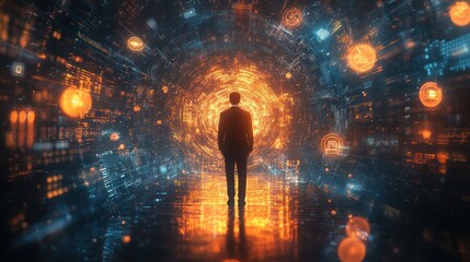 Man entering digital data vortex, future tech background, innovation concept