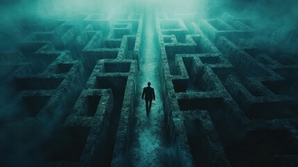 Man walks labyrinthine path, foggy background, challenge concept