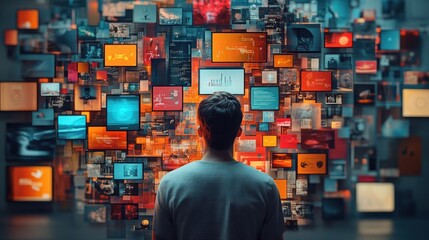 Wall Mural - man viewing digital media wall, analyzing data, future tech background, marketing concept