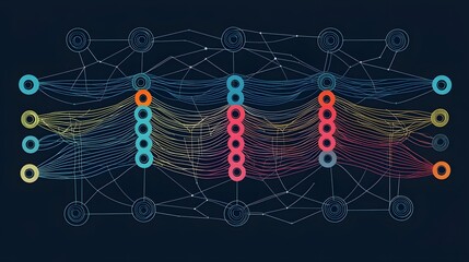 Wall Mural - dynamic and abstract visualization of data streams flowing through a deep learning neural network