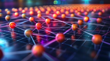 Wall Mural - interconnected digital grid with nodes and links representing a complex neural network model symboli