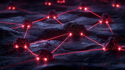 Wall Mural - interconnected neural network nodes glowing with bright neon lines against a dark futuristic backdro