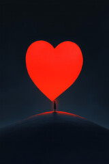 Poster - A minimal scene of a figure in a vast space where a heart shape fuses with the terrain, luminous
