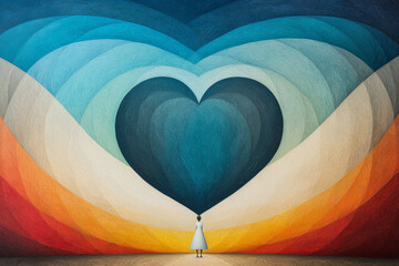 Poster - A placid composition with a heart outline merging into rolling plains, a solitary figure standing