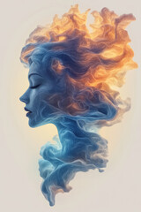 Aufkleber - A dreamlike visage emerging amidst liquid-like forms glowing in bright blue and fiery orange,