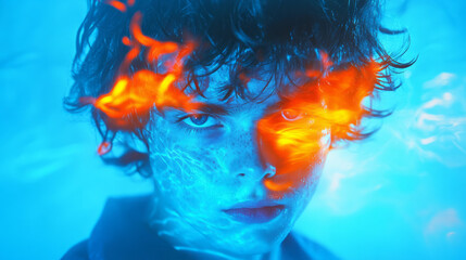 Poster - A surreal portrait forming within flowing, molten shapes lit by vivid blues and oranges, drifting