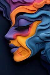 Poster - A floating visage coming to life in swirling ribbons of neon blues and oranges, delicate light