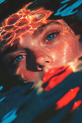 Poster - An intense portrait of a woman drenched in blue glow, surrounded by fluid red forms, with