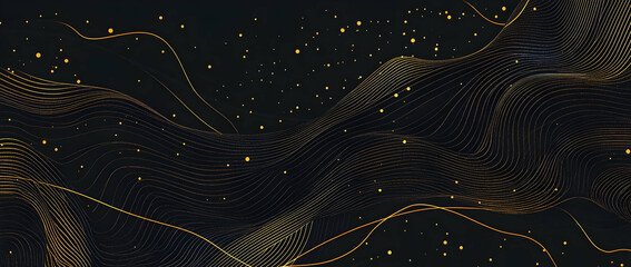 Wall Mural - Abstract lines and shapes in golden color on a black background, golden circles and waves