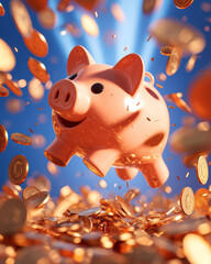 Poster - A vibrant image of a glossy piggy bank holding a coin, beams of light catching the golden coins