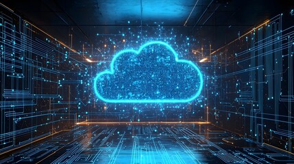 glowing data cloud structure with vibrant neon blue circuit patterns and digital elements symbolizin