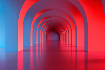 Fototapete - A gleaming corridor of translucent columns and arches, illuminated by dynamic red and blue lights,