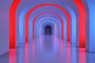 Fototapete - A stylized futuristic hallway where glass-like walls pulse with red and blue luminescence,