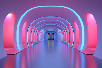 Poster - A stylized futuristic hallway where glass-like walls pulse with red and blue luminescence,