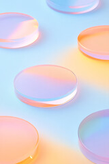 Aufkleber - Up-close shot of stylish circular frames showcasing pink-orange reflections, displayed on a bright,