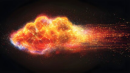 Wall Mural - dramatic fiery glowing cosmic digital explosion with spreading network circuitry and electric sparks