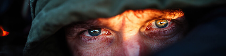 Wall Mural - Close-up Photograph of Man's Eyes Under Hood