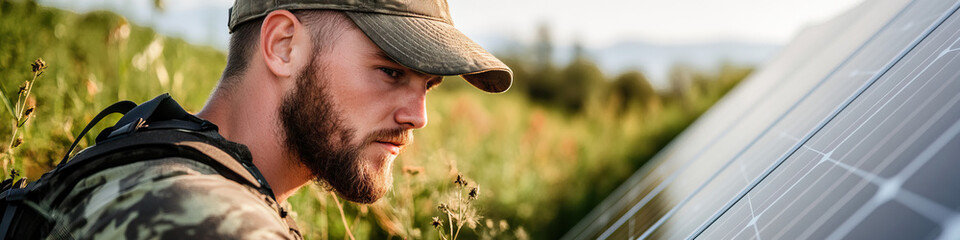 Man in Camouflage Near Solar Panels in Field